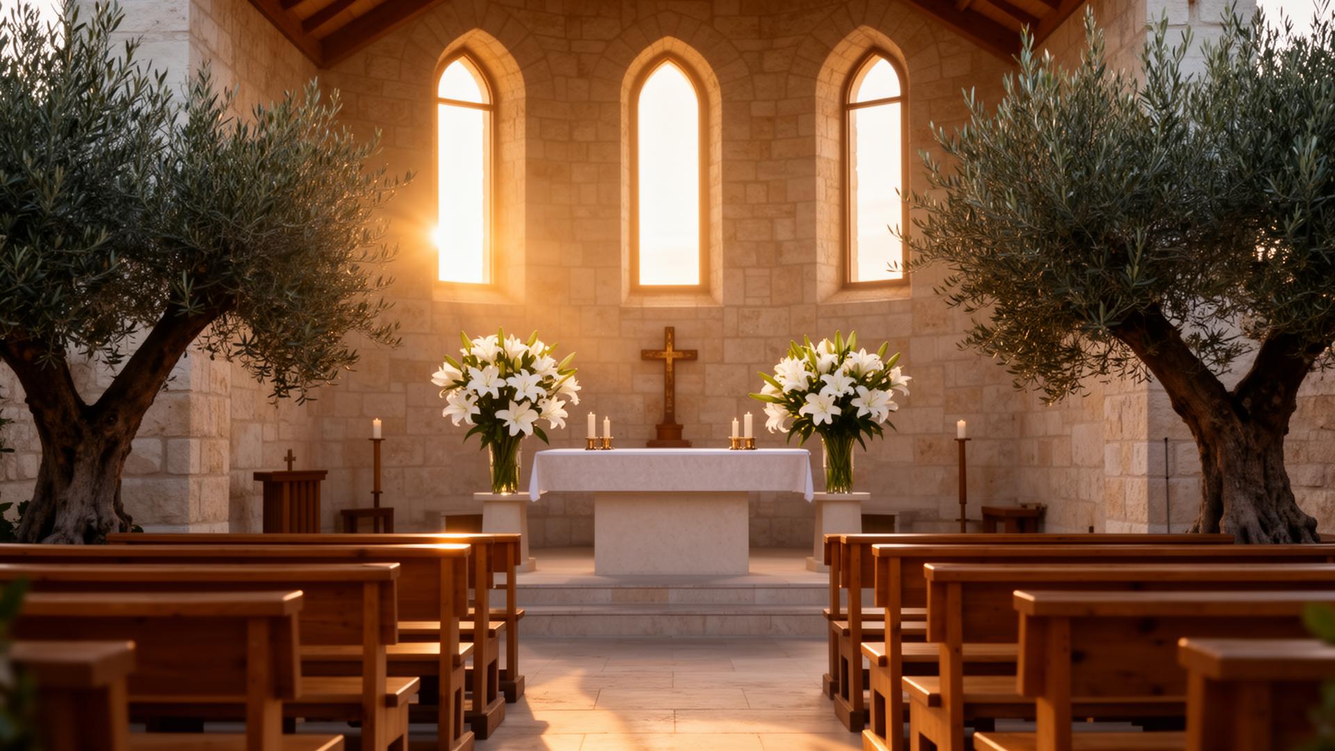 Chapel interior with arched windows and golden morning light
