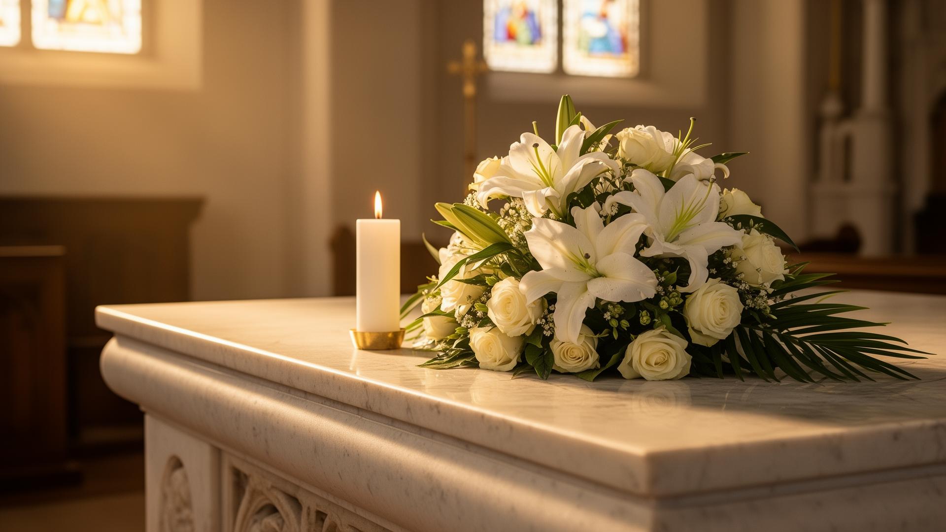 A single candle and white lilies on the chapel altar