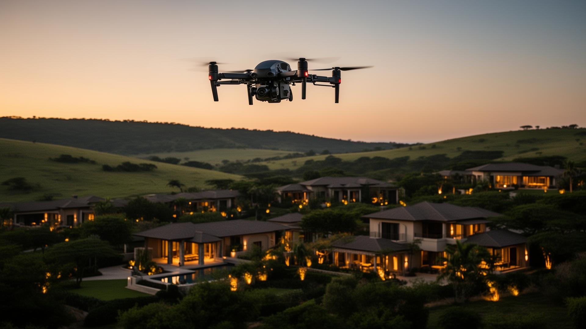Security drone in flight over the Mokonzi estate at dusk